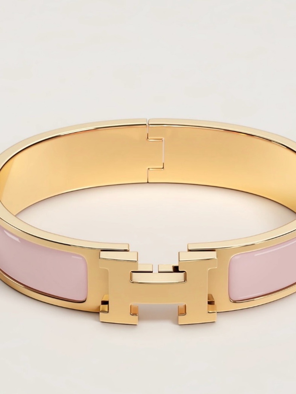 Hermes Gold-Tone Bracelet with Blush Pink Enamel H Clasp